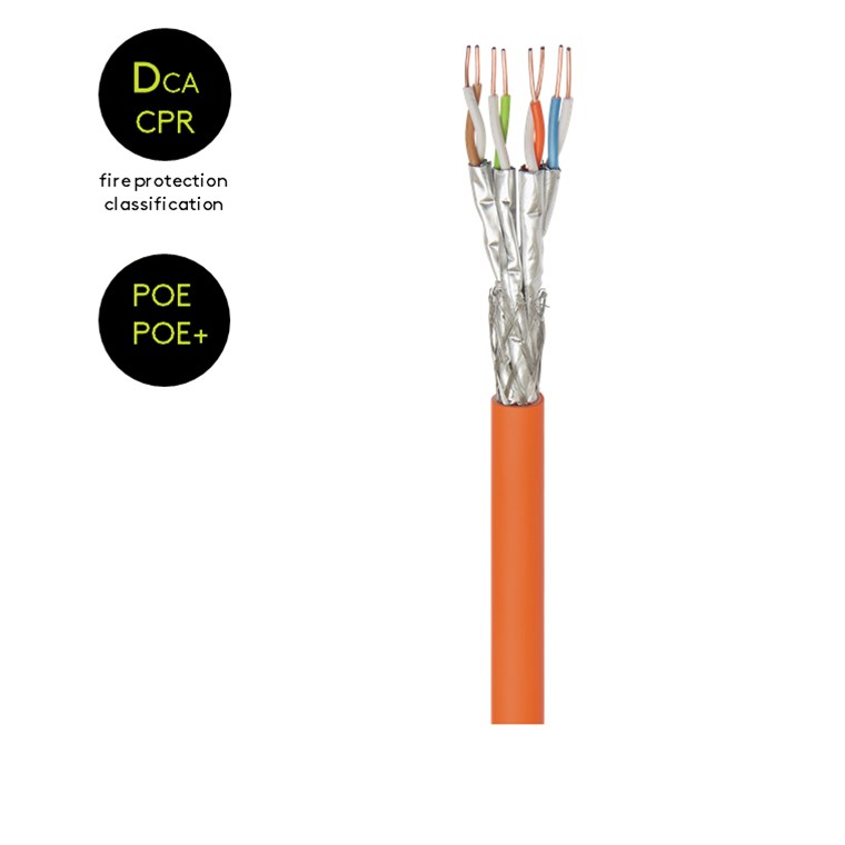 CAT7A-kaapeli 4x2xAWG23/1 CU S/FTP LSZH PiMF Dca oranssi 500 m rulla