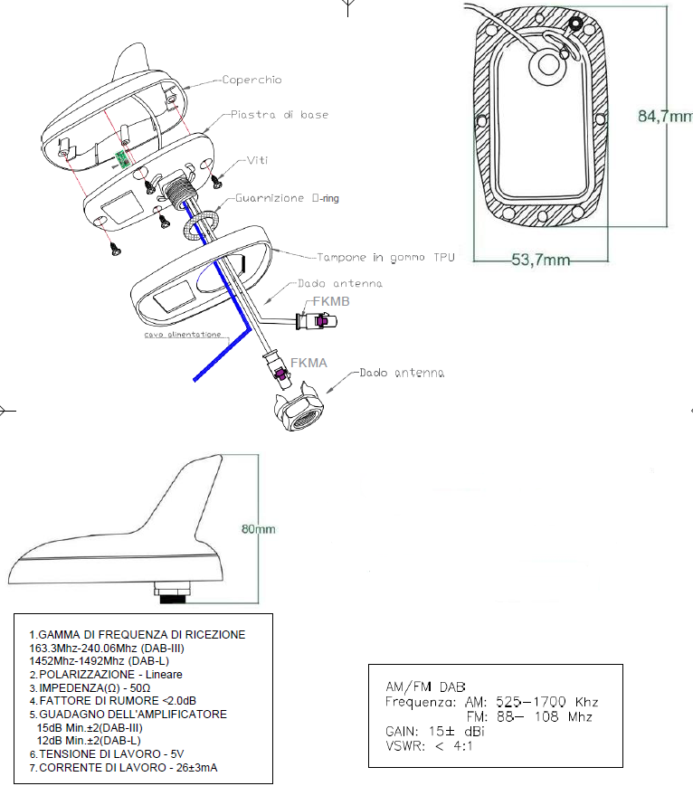 DAB-antenni Shark2 2dBi Fakra uros musta 0,25m